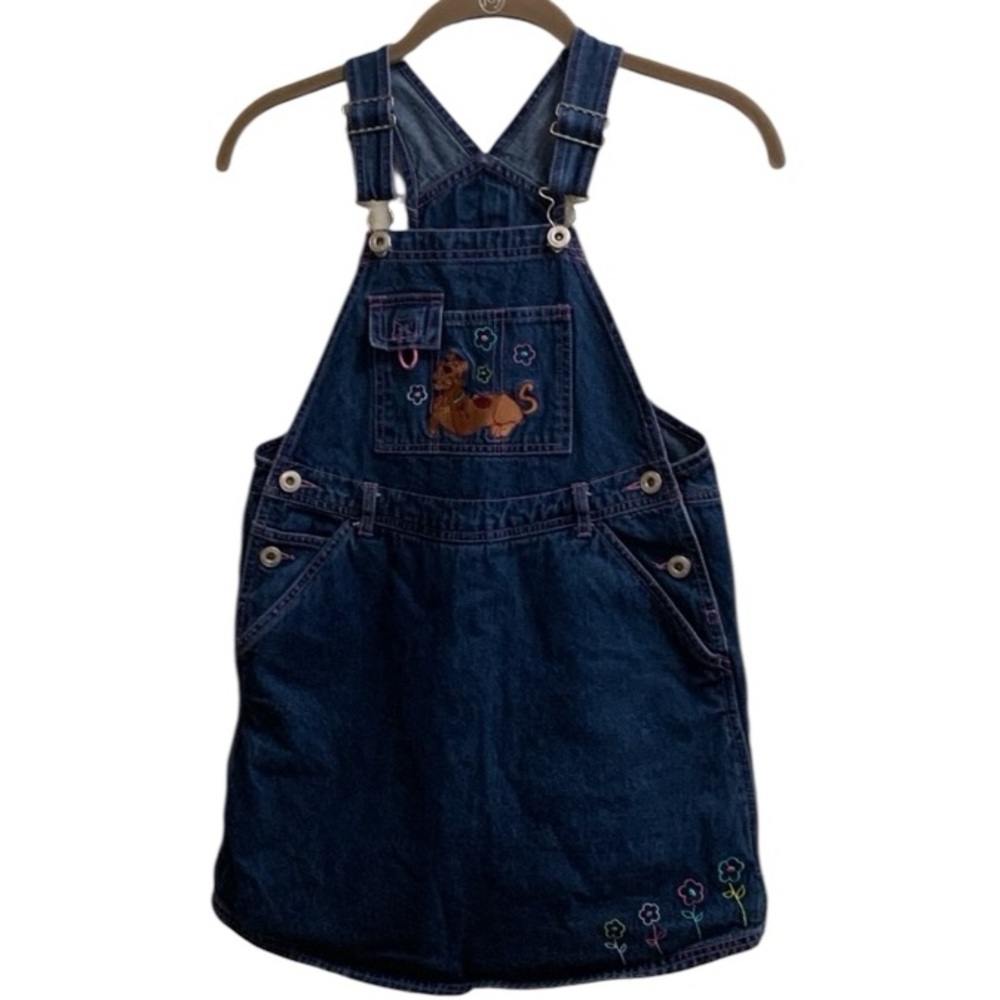 Vintage Y2K Scooby Doo Denim Jean Jumper Dress Shortall Size 7/8 Cotton Floral V
